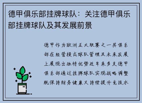 德甲俱乐部挂牌球队：关注德甲俱乐部挂牌球队及其发展前景